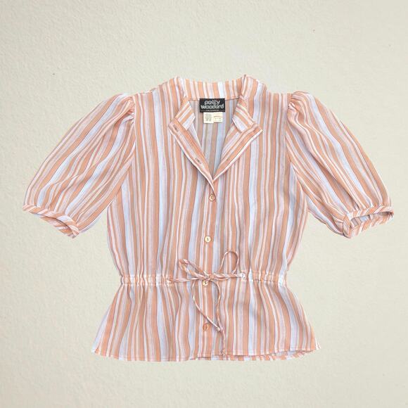 Vintage 70s striped button up blouse, short puff sleeve, cinched tie waist, prep - Picture 1 of 11